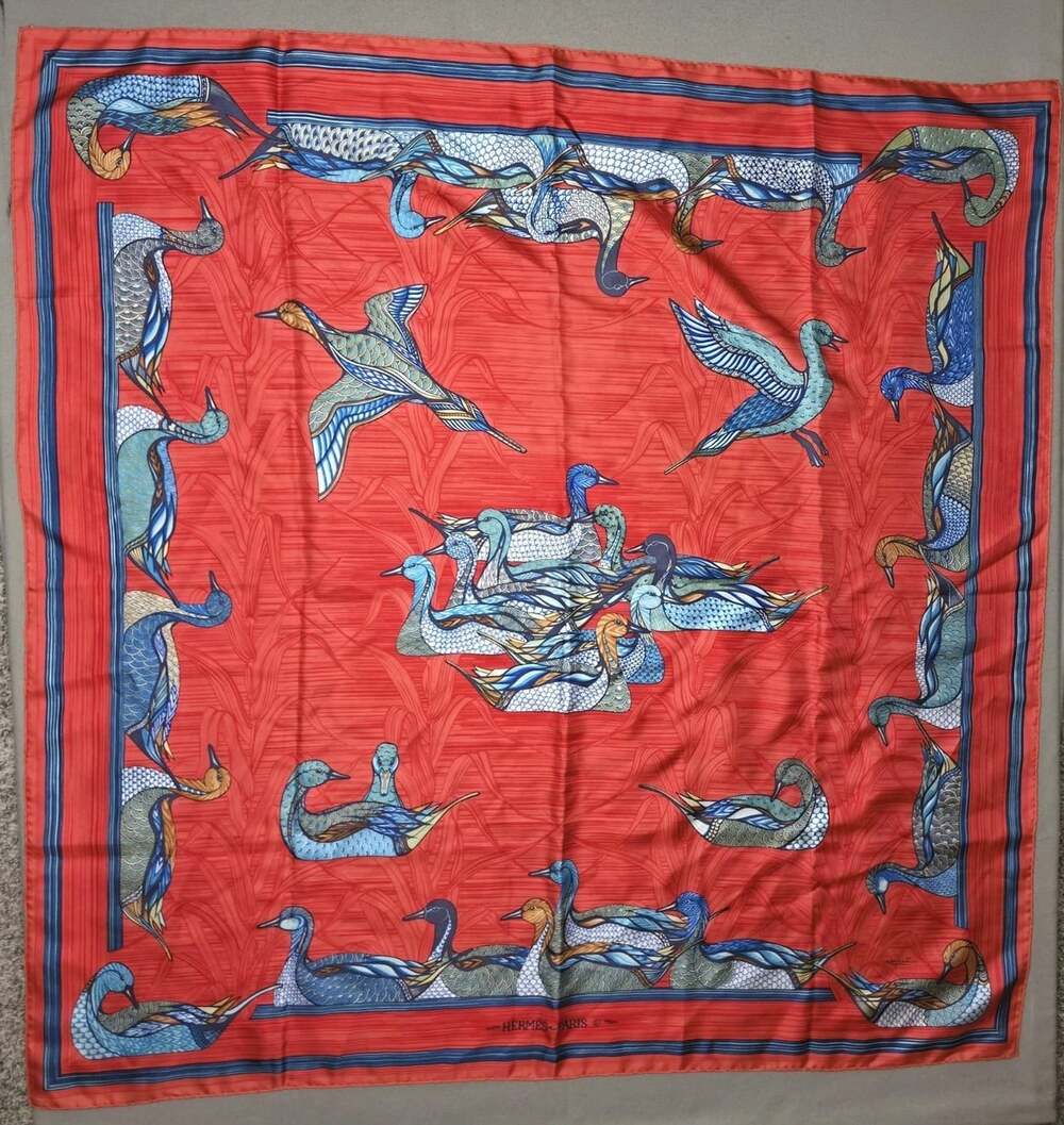 HERMES La Mare aux Canards Silk Scarf Red And Orange Multicolor Ducks 35”